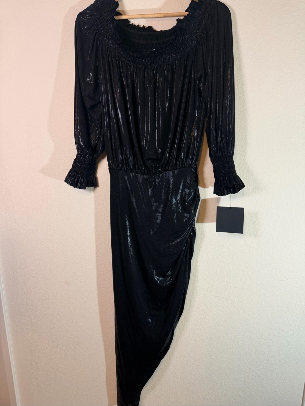NWT Norma Kamali Long Sleeve Peasant Side Drape Gown Black Metallic S - Picture 3 of 10